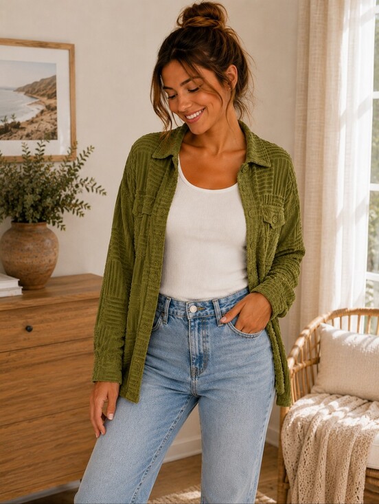 new in Tops - Women’s Green Textured Button Up Shacket Top | New In Size Small